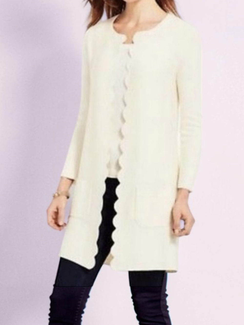 Talbots Cream Scallop-Edge Open Long Cardigan Size Medium